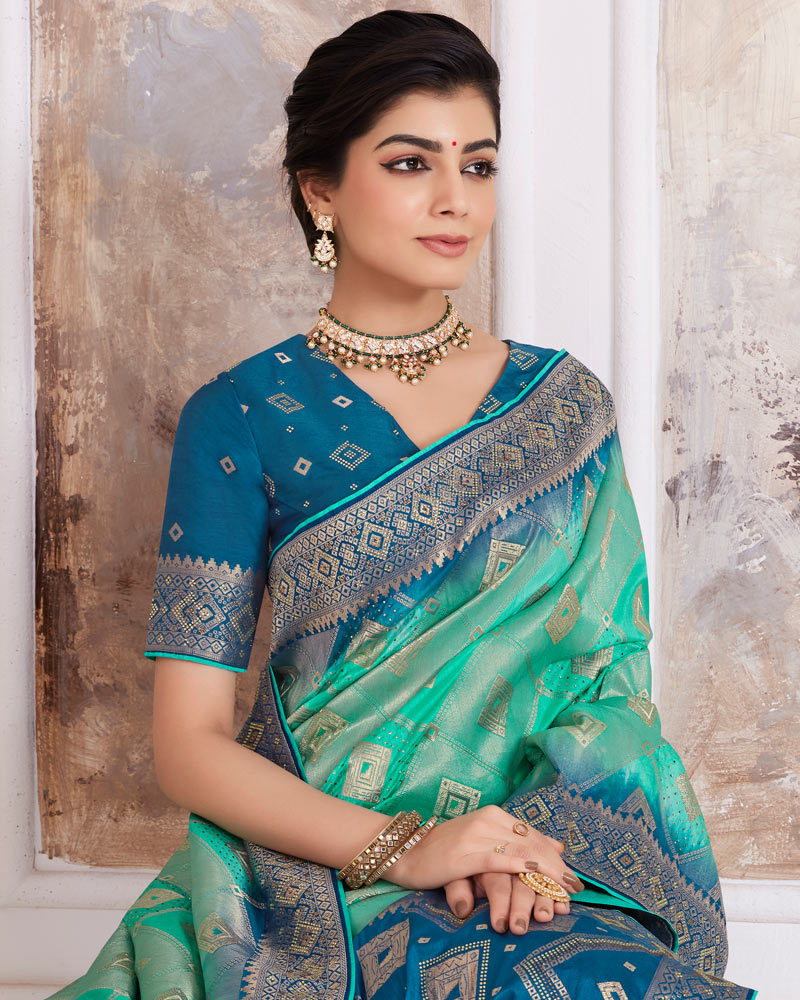 Vishal Prints Aqua Green Designer Dola Silk Weaving And Diamond Work Saree With Core Piping