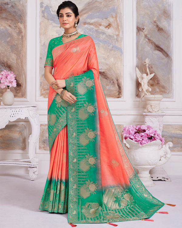 Vishal Prints Coral Designer Dola Silk Weaving And Diamond Work Saree With Core Piping