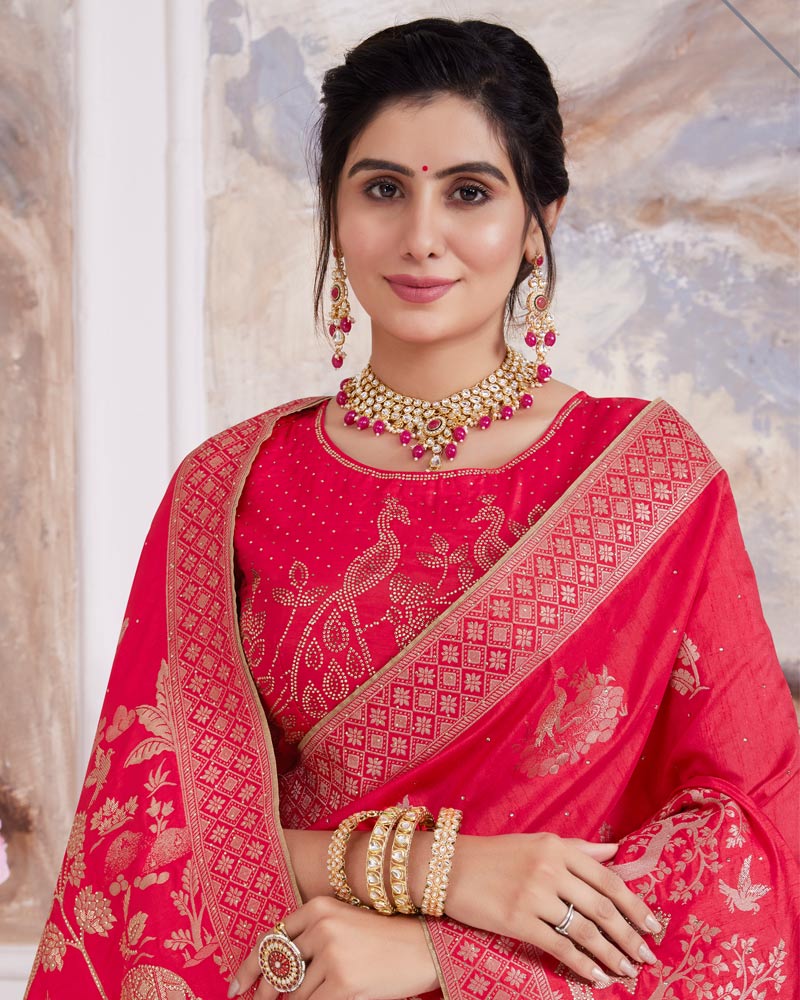 Vishal Prints Pinkish Red Designer Dola Silk Weaving And Diamond Work Saree With Core Piping