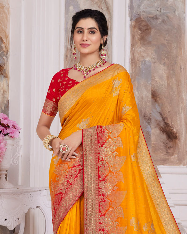 Vishal Prints Golden Yellow Designer Dola Silk Weaving And Diamond Work Saree With Core Piping