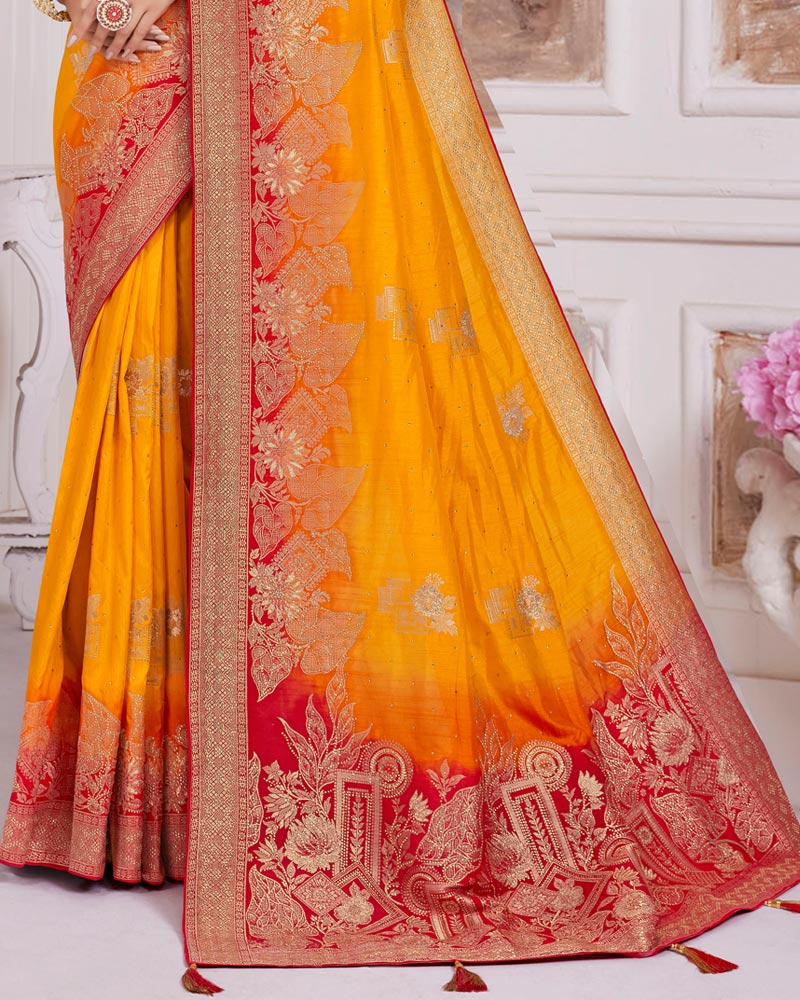 Vishal Prints Golden Yellow Designer Dola Silk Weaving And Diamond Work Saree With Core Piping