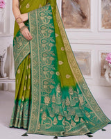 Vishal Prints Mehandi Green Designer Dola Silk Weaving And Diamond Work Saree With Core Piping