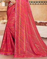 Vishal Prints Red Pink Printed Bandhani Print Patterned Chiffon Saree With Foil