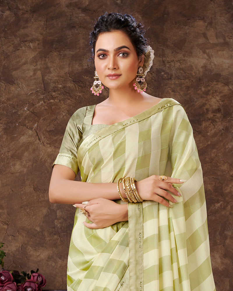 Vishal Prints Pastel Mehandi Green Checks Patterned Fancy Chiffon Saree With Digital Print Satin Border