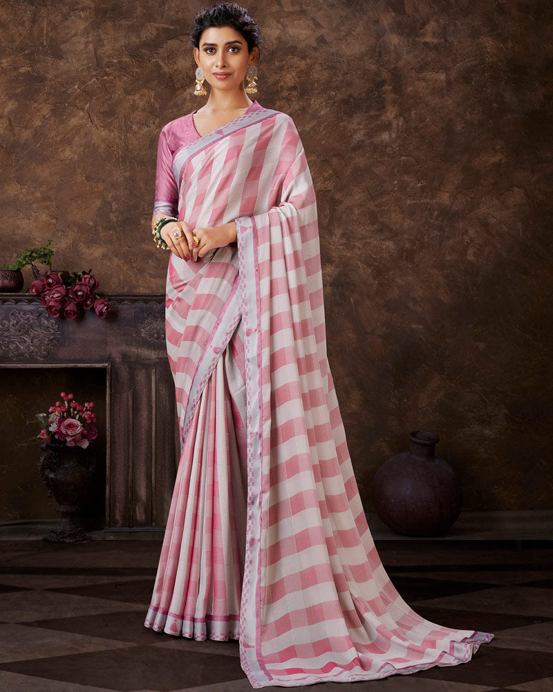 Vishal Prints Tulip Pink Checks Patterned Fancy Chiffon Saree With Digital Print Satin Border