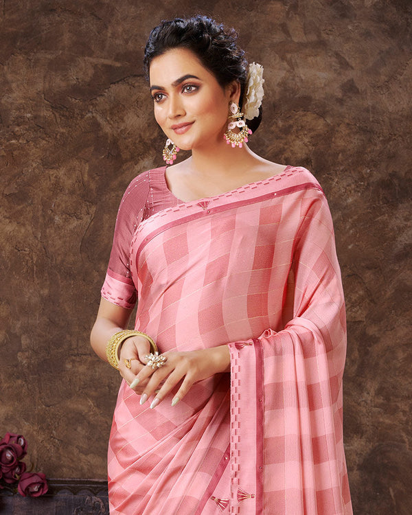 Vishal Prints Daisy Pink Checks Patterned Fancy Chiffon Saree With Digital Print Satin Border