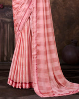 Vishal Prints Daisy Pink Checks Patterned Fancy Chiffon Saree With Digital Print Satin Border