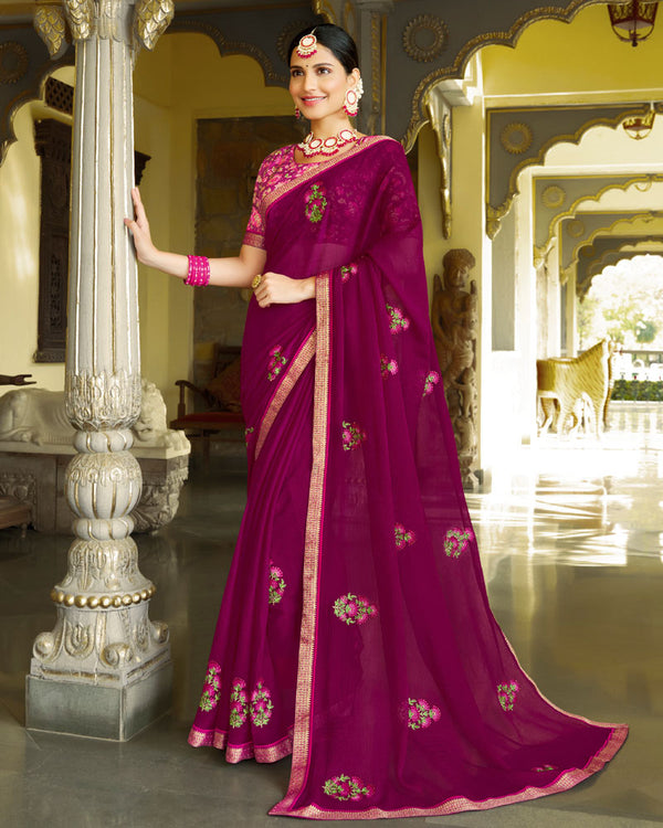Vishal Prints Purple Chiffon Saree With Embroidery And Diamond Work