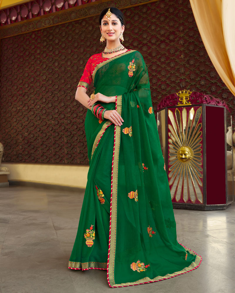Vishal Prints Green Chiffon Saree With Embroidery And Diamond Work