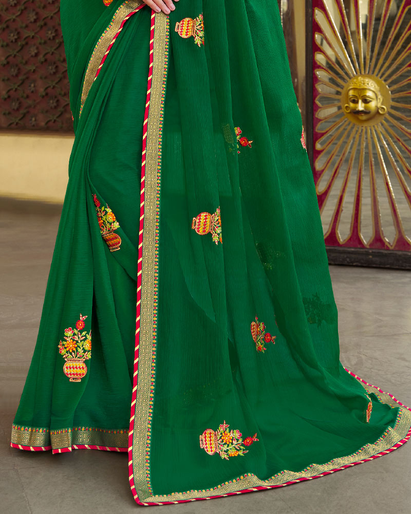 Vishal Prints Green Chiffon Saree With Embroidery And Diamond Work