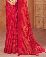 Vishal Prints Cherry Red Designer Brasso Saree With Weaved Satin Patta And Diamond Work