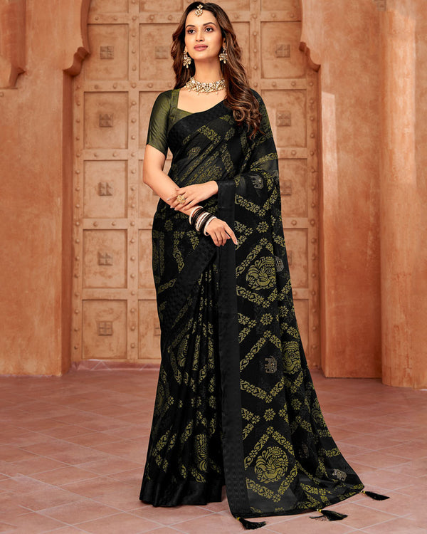 Vishal Prints Black Designer Brasso Saree With Weaved Satin Patta And Diamond Work
