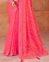 Vishal Prints Pink Designer Brasso Saree With Weaved Satin Patta And Diamond Work