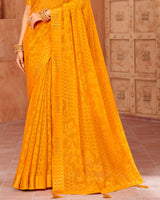 Vishal Prints Saffron Colour Designer Brasso Saree With Weaved Satin Patta And Diamond Work