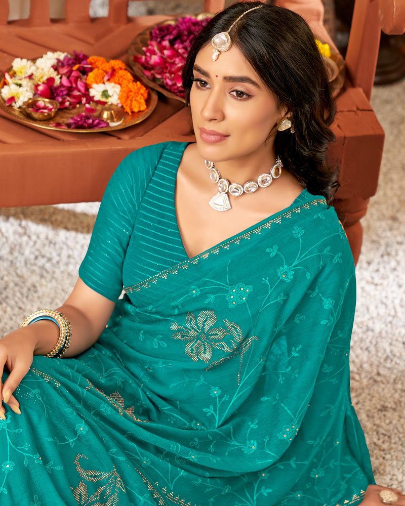 Vishal Prints Teal Green Chiffon Saree With Embroidery And Stone Work