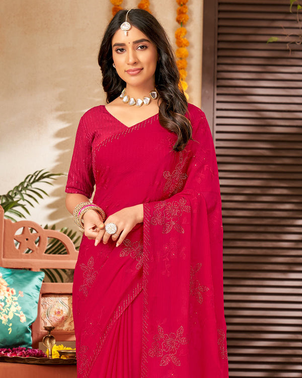 Vishal Prints Cherry Red Chiffon Saree With Embroidery And Stone Work