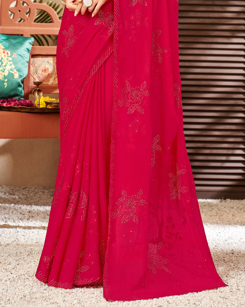Vishal Prints Cherry Red Chiffon Saree With Embroidery And Stone Work