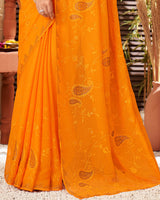 Vishal Prints Orange Chiffon Saree With Embroidery And Stone Work