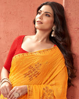Vishal Prints Saffron Color Designer Chiffon Saree With Embroidery Diamond Work And Core Piping