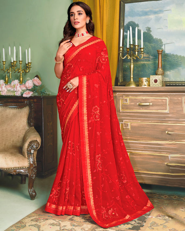 Vishal Prints Lava Red Chiffon Saree With Embroidery Work And Fancy Zari Border