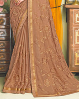 Vishal Prints Dark Brown Chiffon Saree With Embroidery Work And Fancy Zari Border