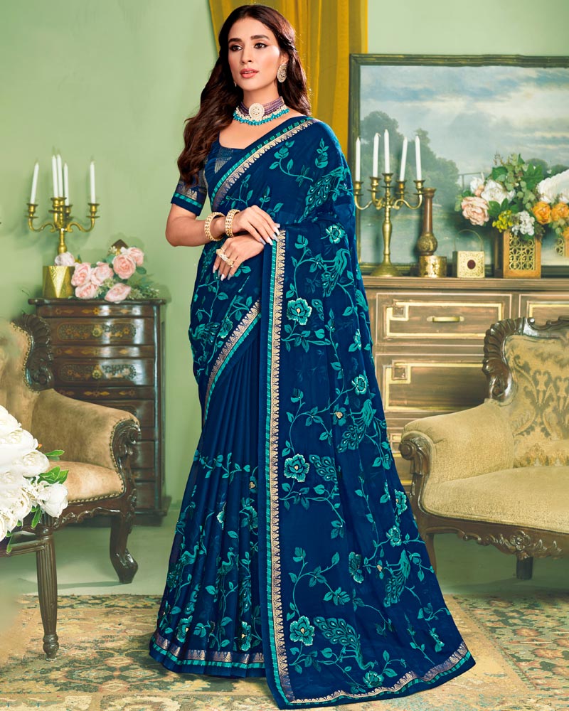 Vishal Prints Dark Blue Chiffon Saree With Embroidery Work And Fancy Zari Border