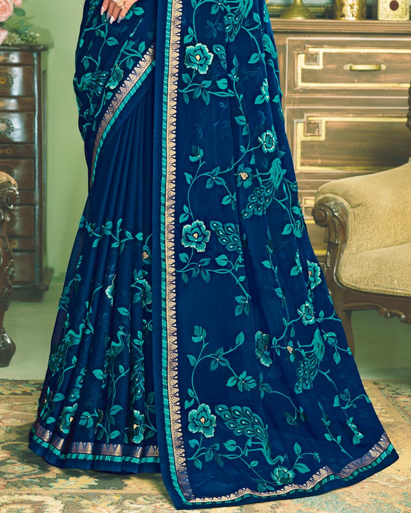 Vishal Prints Dark Blue Chiffon Saree With Embroidery Work And Fancy Zari Border