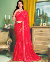 Vishal Prints Light Red Chiffon Saree With Embroidery Work And Fancy Zari Border