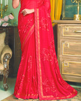 Vishal Prints Light Red Chiffon Saree With Embroidery Work And Fancy Zari Border