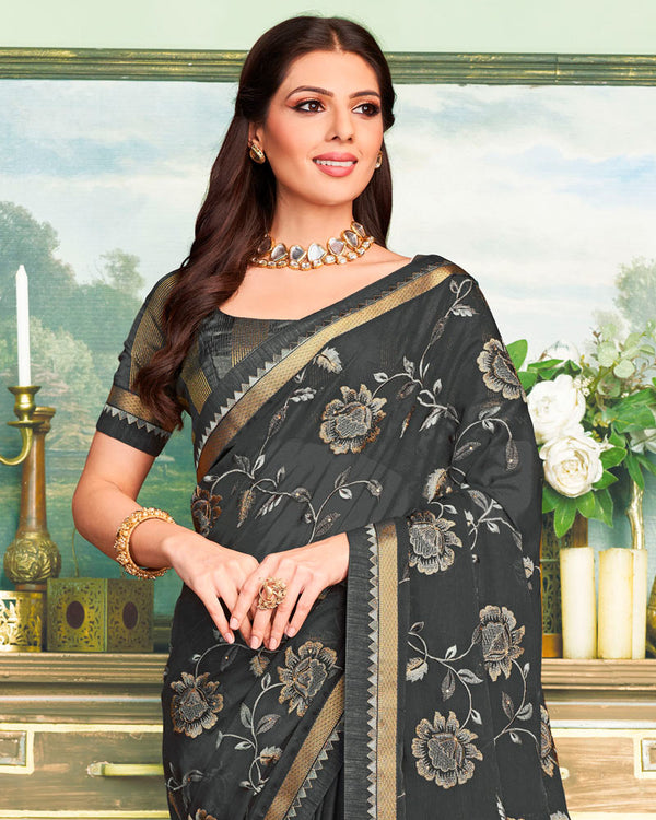 Vishal Prints Dark Grey Chiffon Saree With Embroidery Work And Fancy Zari Border