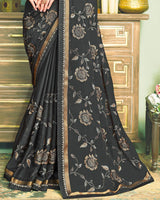 Vishal Prints Dark Grey Chiffon Saree With Embroidery Work And Fancy Zari Border