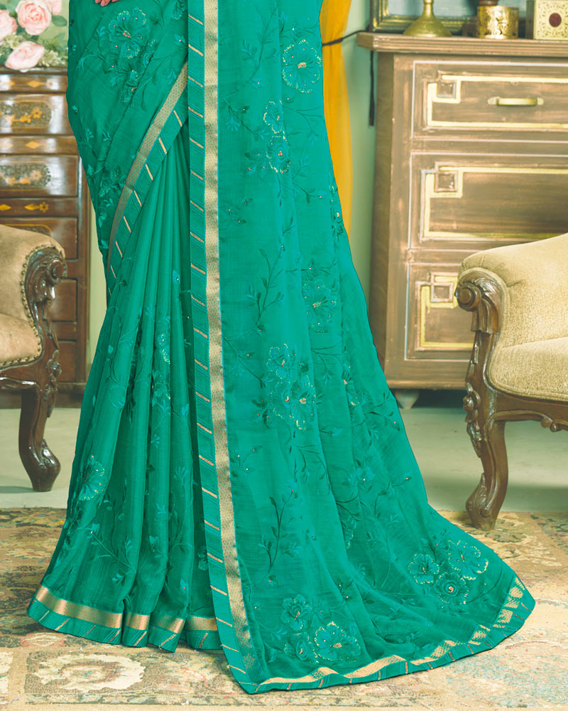 Vishal Prints Dark Turquoise Chiffon Saree With Embroidery Work And Fancy Zari Border