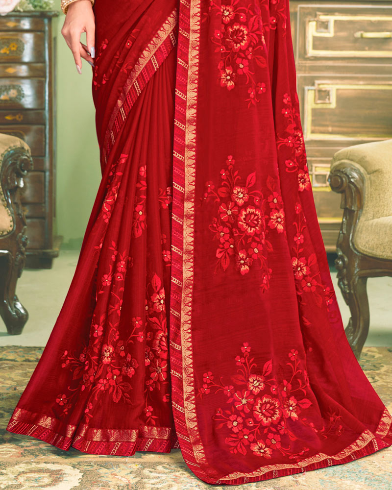 Vishal Prints Wine Red Chiffon Saree With Embroidery Work And Fancy Zari Border