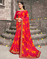 Vishal Prints Dark Red Printed Chiffon Saree With Zari Border