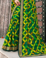 Vishal Prints Dark Green Printed Chiffon Saree With Zari Border