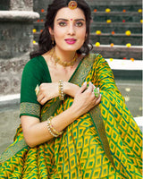 Vishal Prints Olive Yellow Printed Chiffon Saree With Zari Border