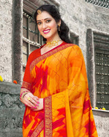 Vishal Prints Orange And Red Printed Chiffon Saree With Zari Border