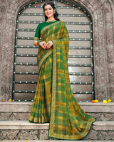 Vishal Prints Green And Yellow Printed Chiffon Saree With Zari Border