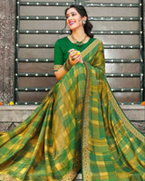 Vishal Prints Green And Yellow Printed Chiffon Saree With Zari Border