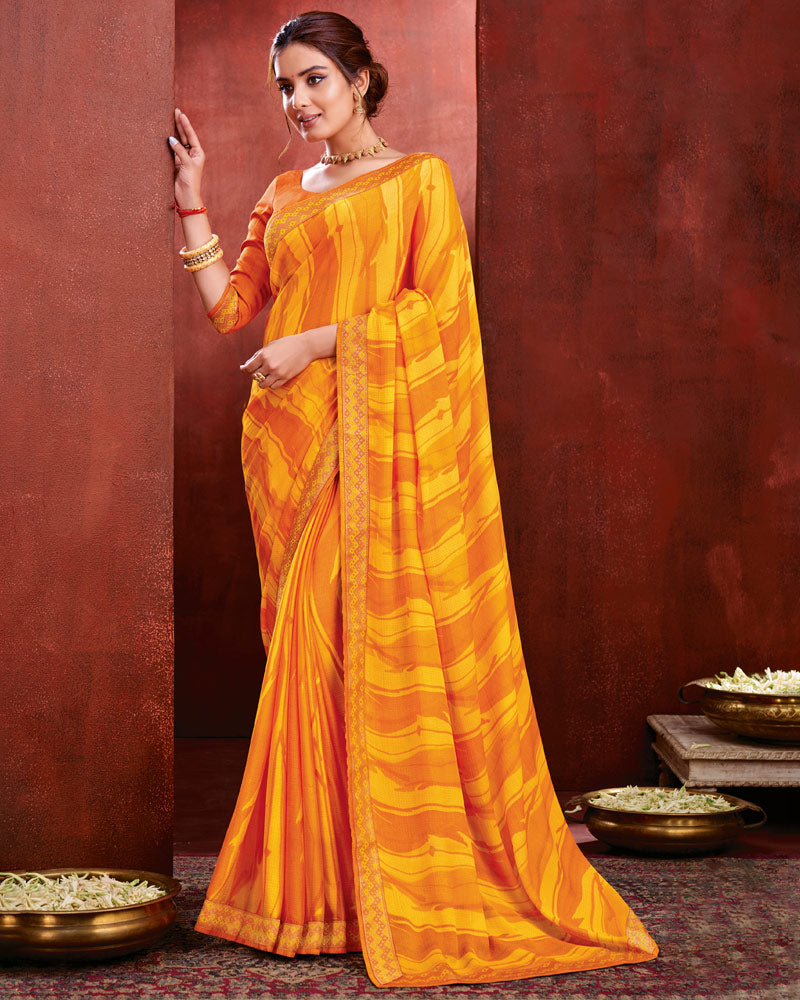 Vishal Prints Orange And Yellow Chiffon Saree With Zari Border