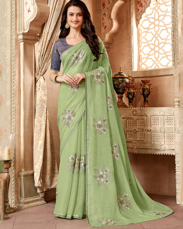 Vishal Prints Sage Green Designer Fancy Chiffon Saree With Embroidery Diamond Work And Core Piping
