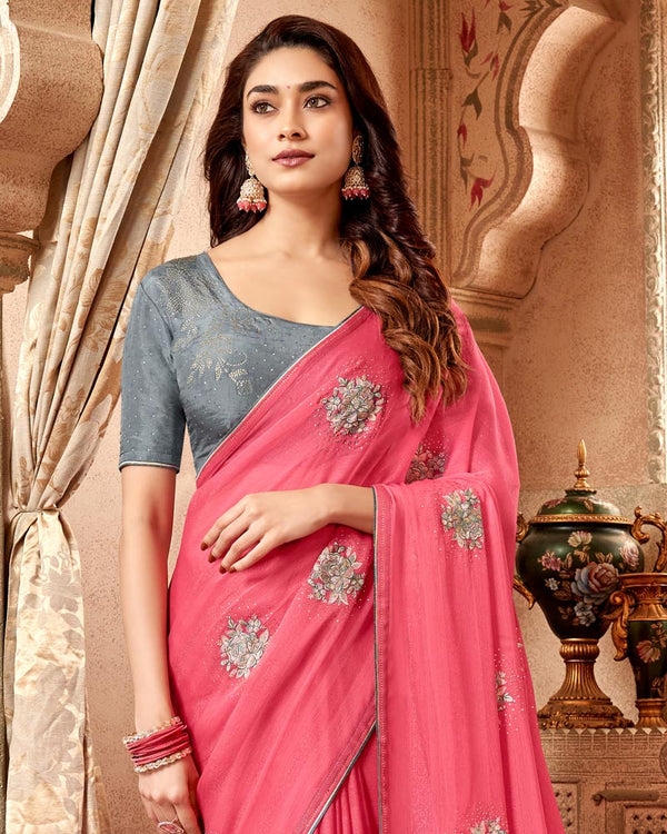 Vishal Prints Mandy Pink Designer Fancy Chiffon Saree With Embroidery Diamond Work And Core Piping
