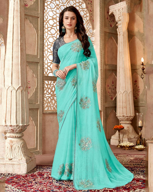 Vishal Prints Pastel Teal Green Designer Fancy Chiffon Saree With Embroidery Diamond Work And Core Piping