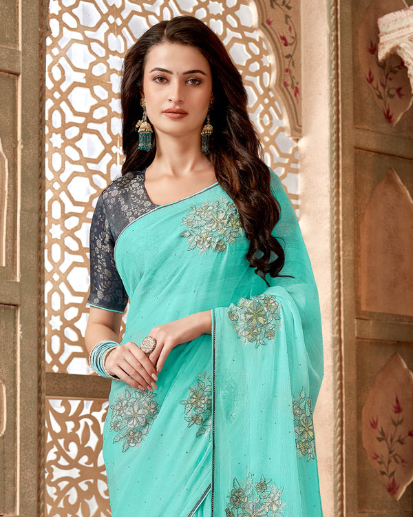 Vishal Prints Pastel Teal Green Designer Fancy Chiffon Saree With Embroidery Diamond Work And Core Piping