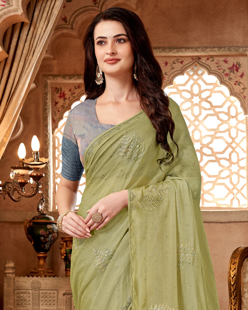 Vishal Prints Pastel Olive Designer Fancy Chiffon Saree With Embroidery Diamond Work And Core Piping