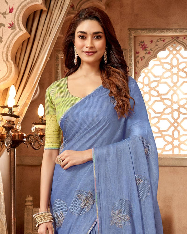 Vishal Prints Lynch Blue Designer Fancy Chiffon Saree With Embroidery Diamond Work And Core Piping