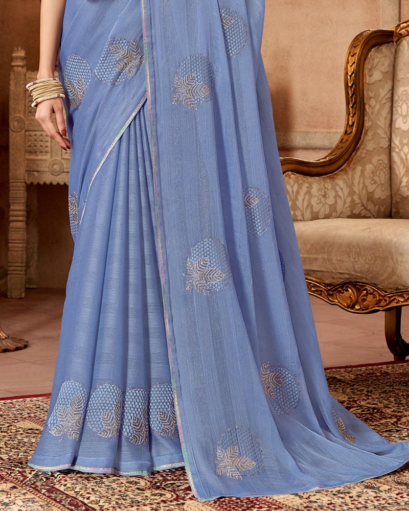 Vishal Prints Lynch Blue Designer Fancy Chiffon Saree With Embroidery Diamond Work And Core Piping