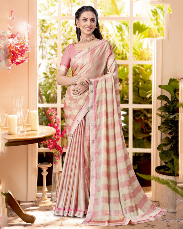 Vishal Prints Coral Pink Checks Patterned Fancy Chiffon Saree With Digital Print Satin Border