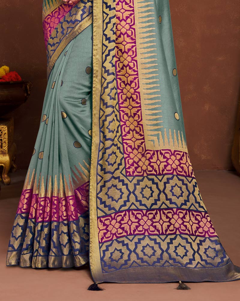 Vishal Prints Greyish Turquoise Silk Brasso Saree With Tassel