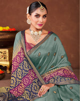 Vishal Prints Greyish Turquoise Silk Brasso Saree With Tassel